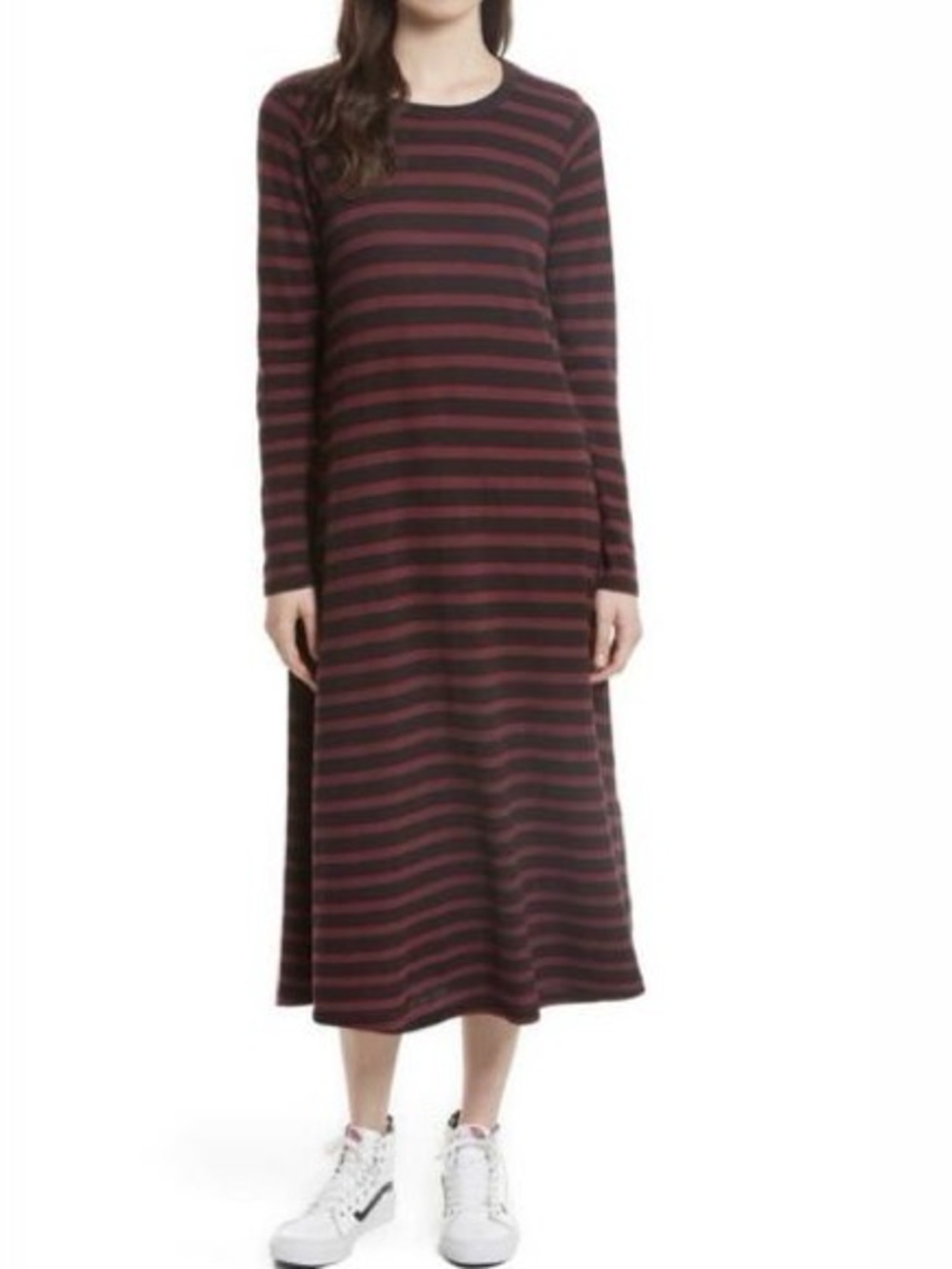 THE GREAT. Striped T Shirt Dress in Black Red Size M